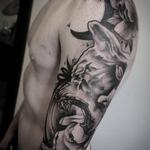 Tattoos - Black and grey wolf, Moon, roses, sleeve, art nouveau, NeoTrad, Yorick Tattoo - 130587